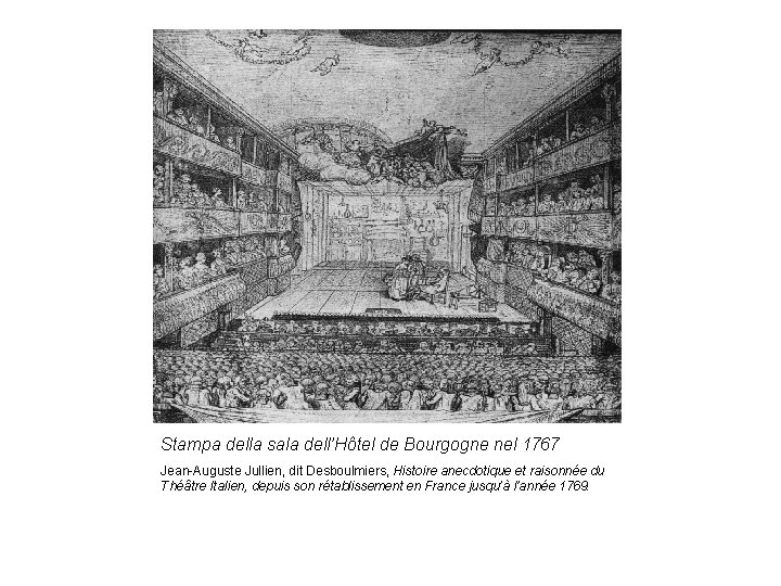 Stampa della sala dell’Hôtel de Bourgogne nel 1767 Jean-Auguste Jullien, dit Desboulmiers, Histoire anecdotique