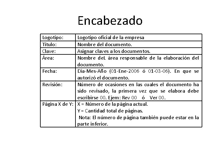 Encabezado Logotipo: Título: Clave: Área: Logotipo oficial de la empresa Nombre del documento. Asignar Encabezado Logotipo: Título: Clave: Área: Logotipo oficial de la empresa Nombre del documento. Asignar