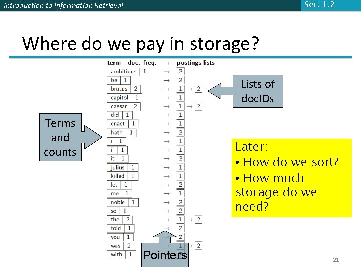 Sec. 1. 2 Introduction to Information Retrieval Where do we pay in storage? Lists