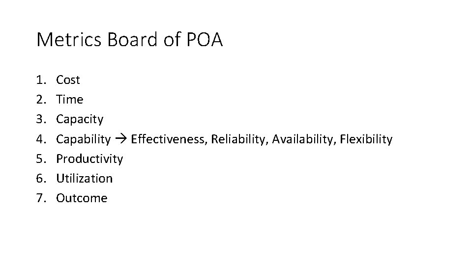 Metrics Board of POA 1. 2. 3. 4. 5. 6. 7. Cost Time Capacity