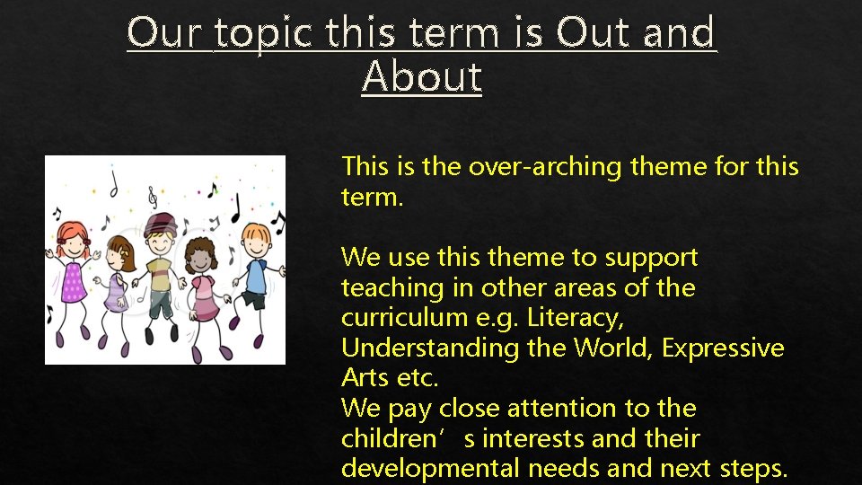 Our topic this term is Out and About This is the over-arching theme for