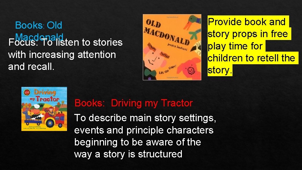 Books: Old Macdonald Focus: To listen to stories with increasing attention and recall. Provide