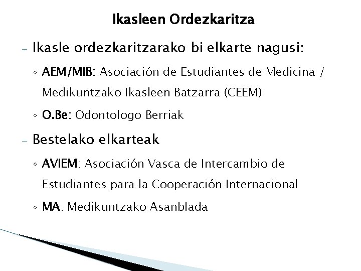 Ikasleen Ordezkaritza – Ikasle ordezkaritzarako bi elkarte nagusi: ◦ AEM/MIB: Asociación de Estudiantes de