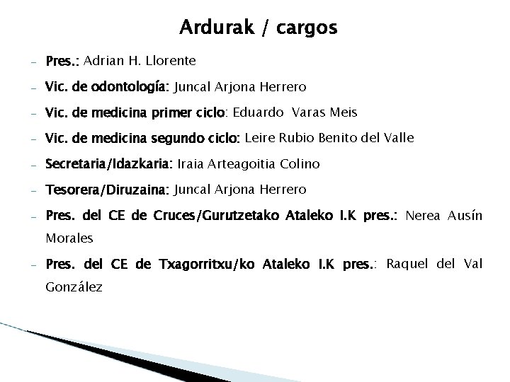 Ardurak / cargos – Pres. : Adrian H. Llorente – Vic. de odontología: Juncal