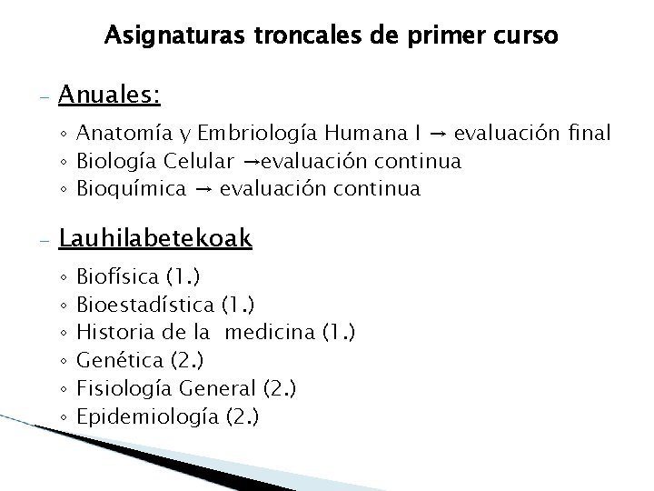 Asignaturas troncales de primer curso – Anuales: ◦ Anatomía y Embriología Humana I →