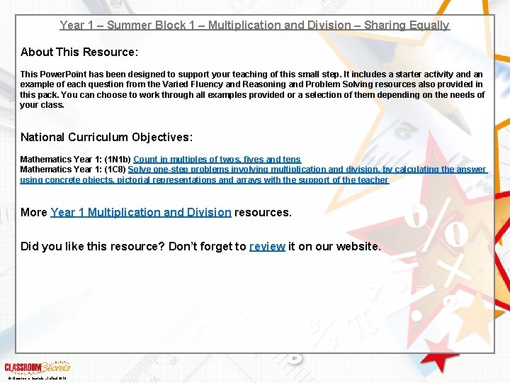 Year 1 – Summer Block 1 – Multiplication and Division – Sharing Equally About