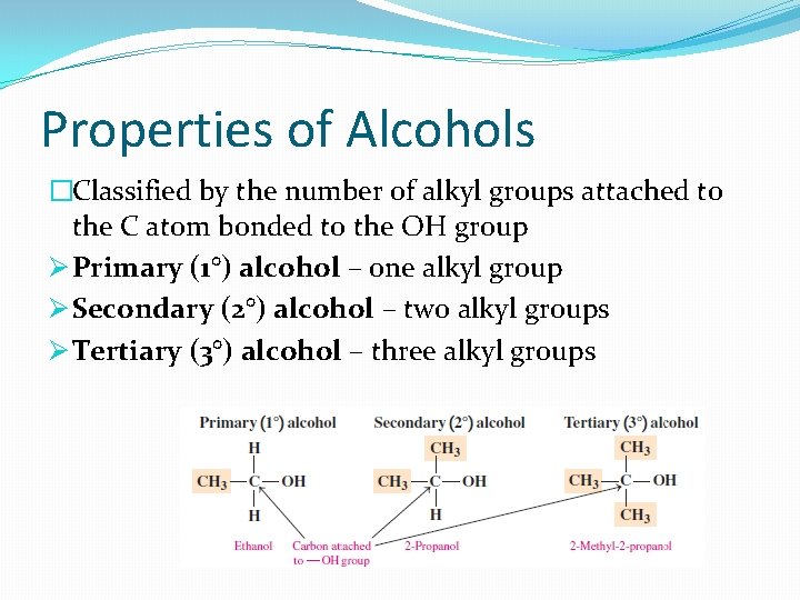 Properties of Alcohols �Classified by the number of alkyl groups attached to the C