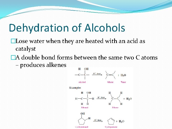 Dehydration of Alcohols �Lose water when they are heated with an acid as catalyst