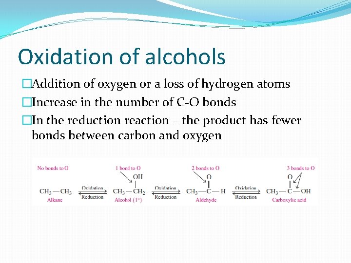 Oxidation of alcohols �Addition of oxygen or a loss of hydrogen atoms �Increase in