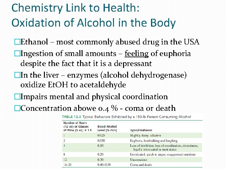 Chemistry Link to Health: Oxidation of Alcohol in the Body �Ethanol – most commonly