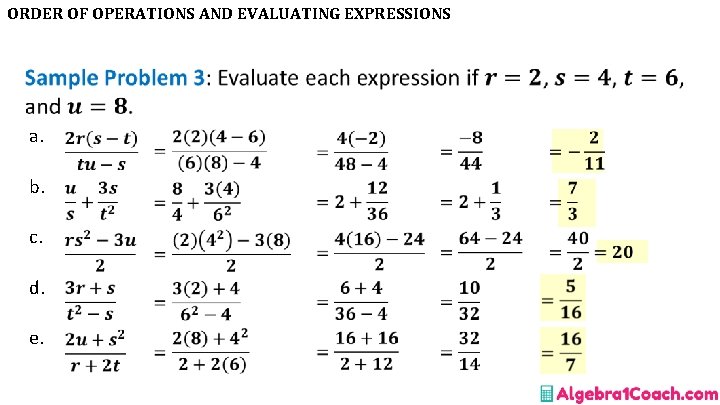 ORDER OF OPERATIONS AND EVALUATING EXPRESSIONS • a. b. c. d. e. 