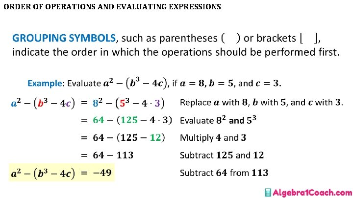 ORDER OF OPERATIONS AND EVALUATING EXPRESSIONS • 