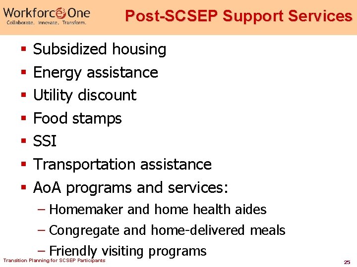 Post-SCSEP Support Services § § § § Subsidized housing Energy assistance Utility discount Food
