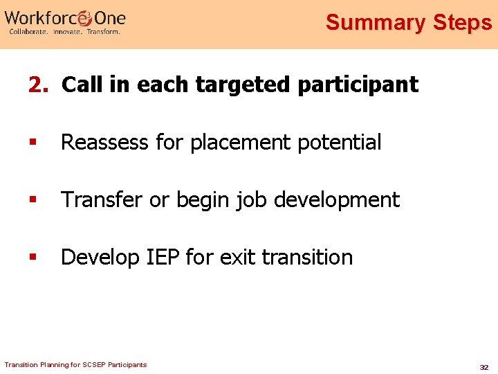 Summary Steps 2. Call in each targeted participant § Reassess for placement potential §