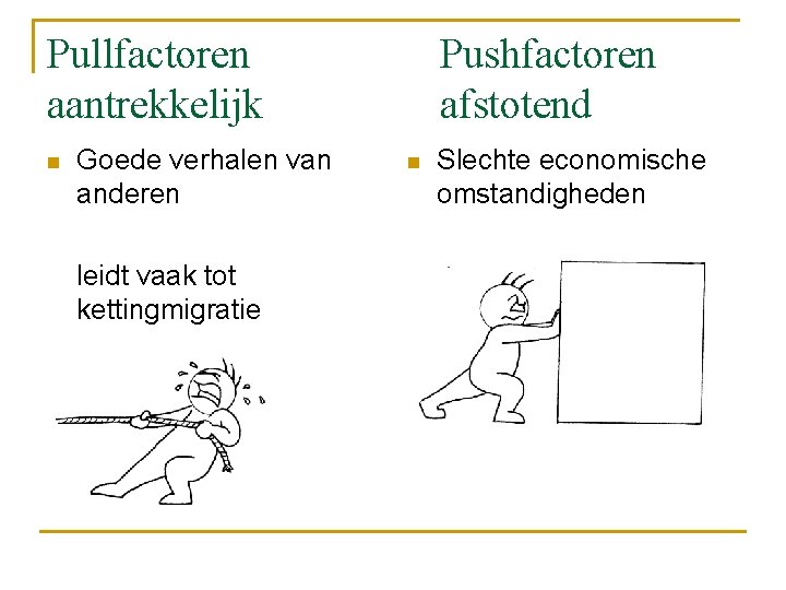 Pullfactoren aantrekkelijk n Goede verhalen van anderen leidt vaak tot kettingmigratie Pushfactoren afstotend n