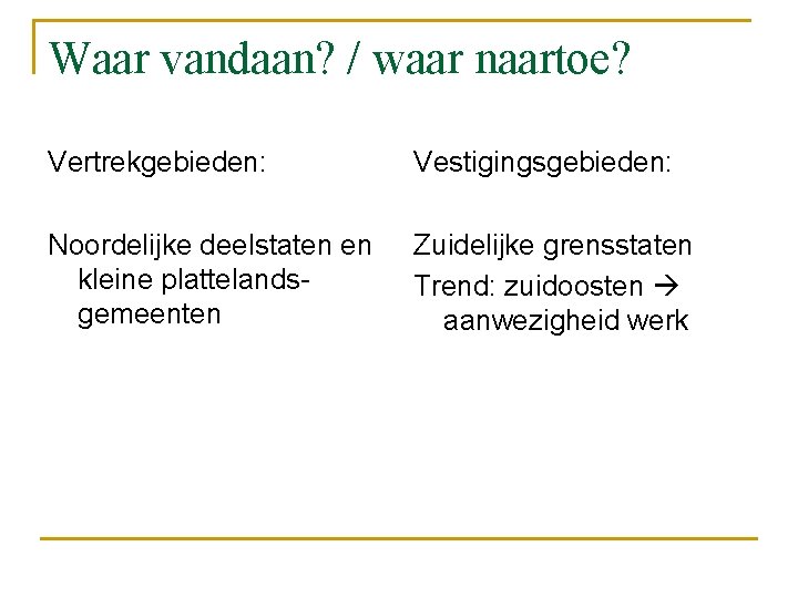 Waar vandaan? / waar naartoe? Vertrekgebieden: Vestigingsgebieden: Noordelijke deelstaten en kleine plattelandsgemeenten Zuidelijke grensstaten