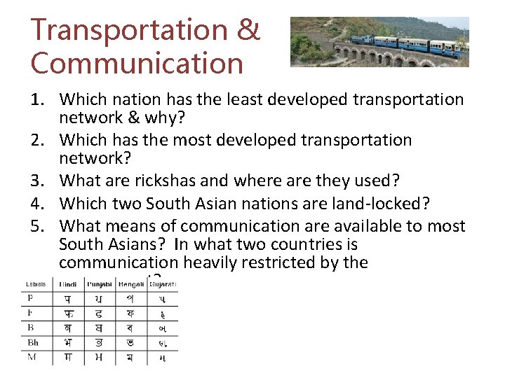 Transportation & Communication 1. Which nation has the least developed transportation network & why?