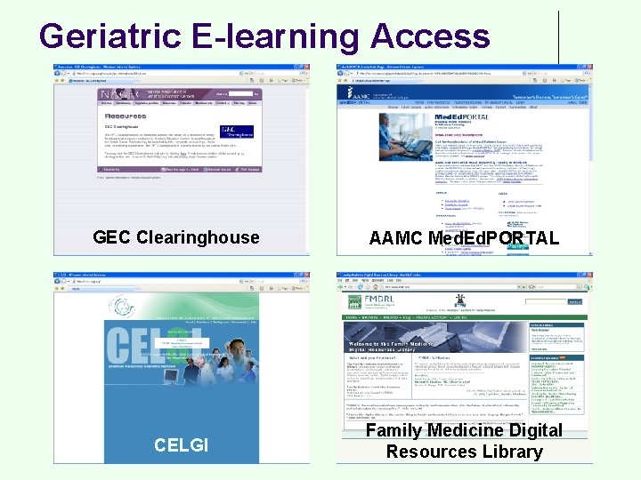 Geriatric E-learning Access GEC Clearinghouse CELGI AAMC Med. Ed. PORTAL Family Medicine Digital Resources