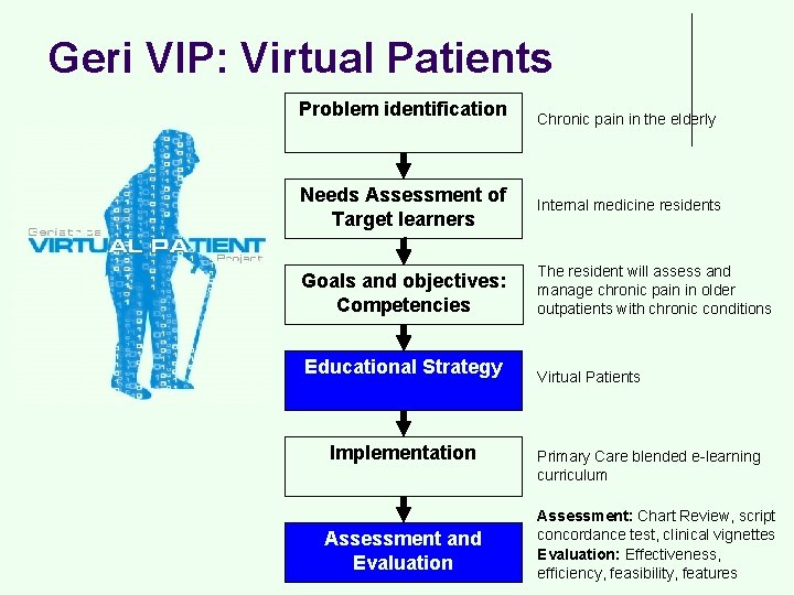 Geri VIP: Virtual Patients Problem identification Chronic pain in the elderly Needs Assessment of