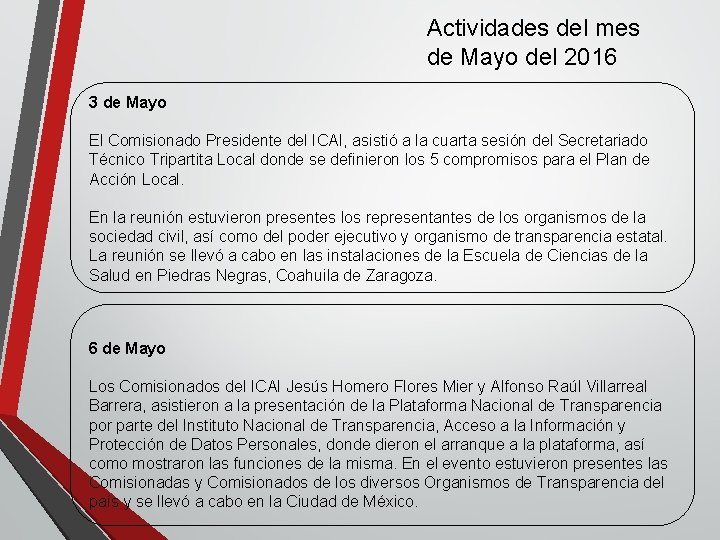 Actividades del mes de Mayo del 2016 3 de Mayo El Comisionado Presidente del Actividades del mes de Mayo del 2016 3 de Mayo El Comisionado Presidente del