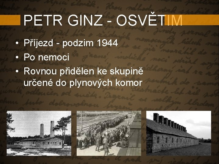 PETR GINZ - OSVĚTIM • Příjezd - podzim 1944 • Po nemoci • Rovnou