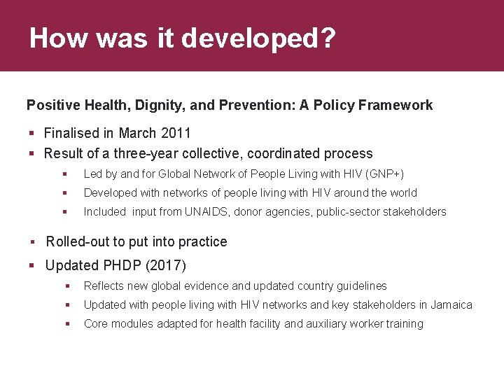 How was it developed? Positive Health, Dignity, and Prevention: A Policy Framework Finalised in