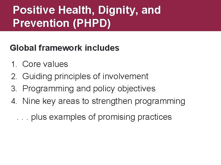 Positive Health, Dignity, and Prevention (PHPD) Global framework includes 1. Core values 2. Guiding