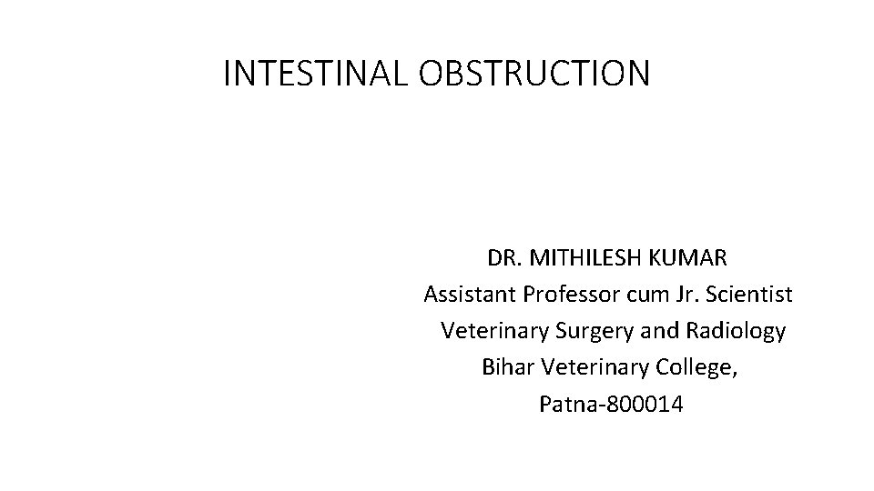 INTESTINAL OBSTRUCTION DR. MITHILESH KUMAR Assistant Professor cum Jr. Scientist Veterinary Surgery and Radiology