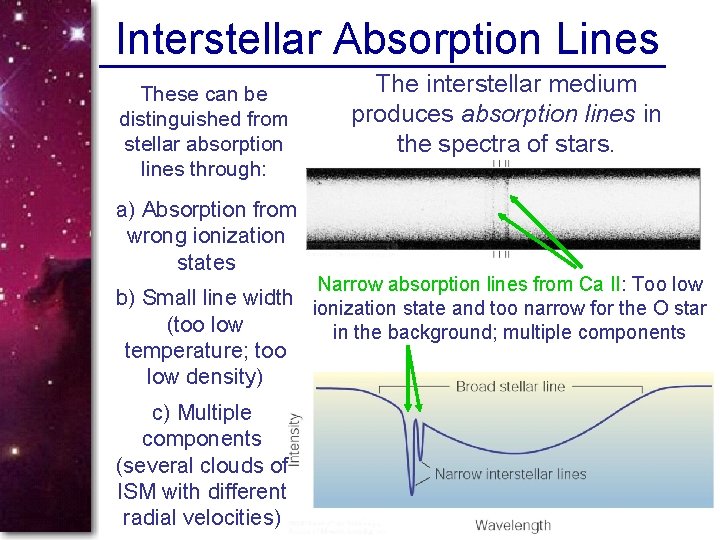 Interstellar Absorption Lines These can be distinguished from stellar absorption lines through: a) Absorption