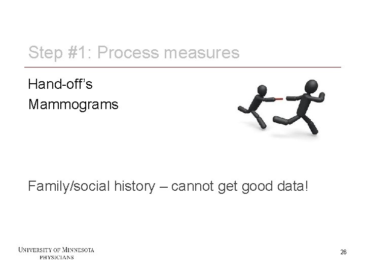 Step #1: Process measures Hand-off’s Mammograms Family/social history – cannot get good data! 26