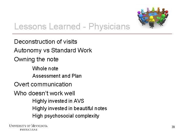 Lessons Learned - Physicians Deconstruction of visits Autonomy vs Standard Work Owning the note