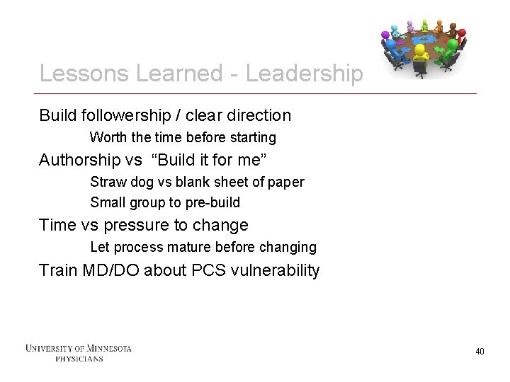 Lessons Learned - Leadership Build followership / clear direction Worth the time before starting