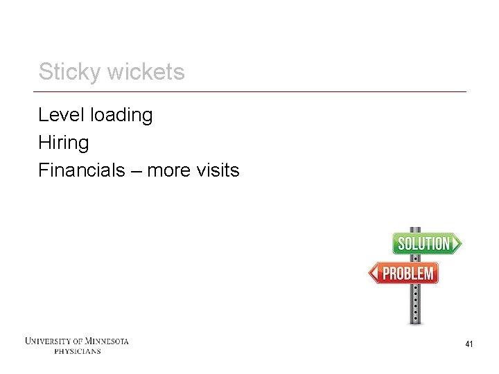 Sticky wickets Level loading Hiring Financials – more visits 41 41 
