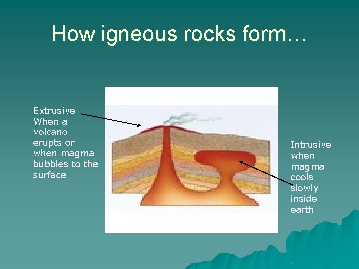How igneous rocks form… Extrusive When a volcano erupts or when magma bubbles to