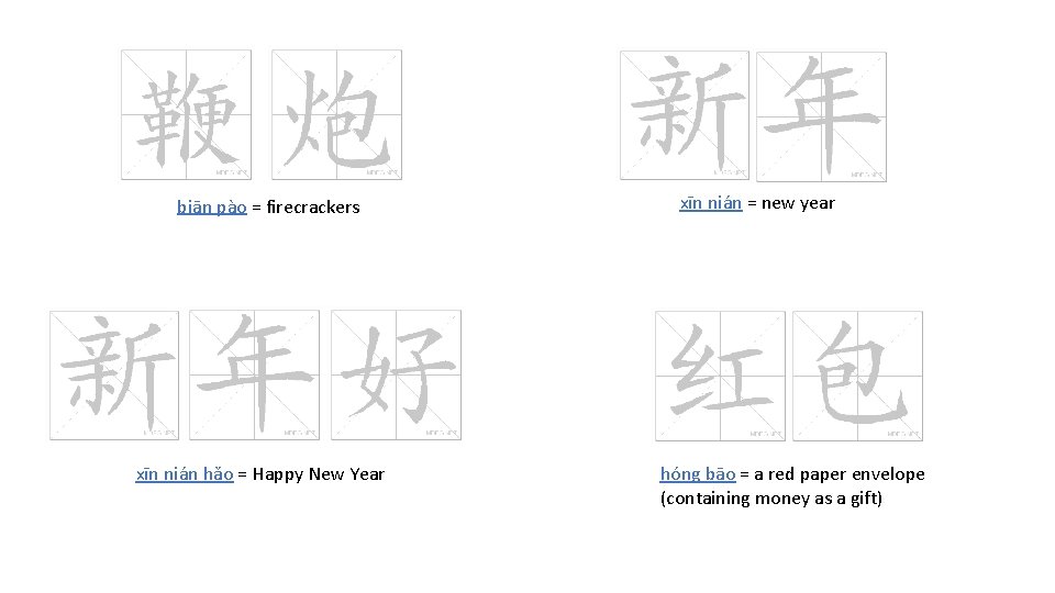 biān pào = firecrackers xīn nián hǎo = Happy New Year xīn nián =