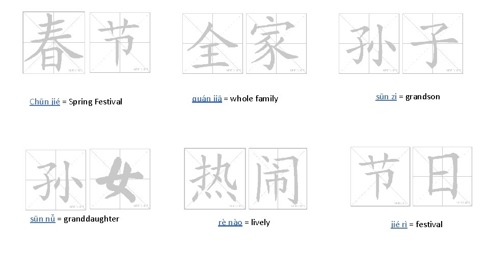 Chūn jié = Spring Festival sūn nǚ = granddaughter quán jiā = whole family