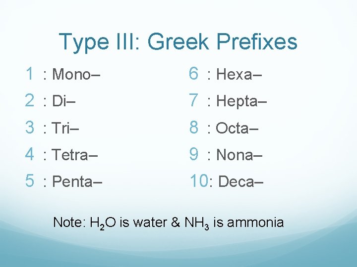 Type III: Greek Prefixes 1 : Mono– 6 : Hexa– 2 : Di– 7 Type III: Greek Prefixes 1 : Mono– 6 : Hexa– 2 : Di– 7