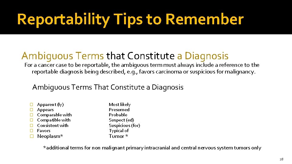 Reportability Tips to Remember Ambiguous Terms that Constitute a Diagnosis For a cancer case