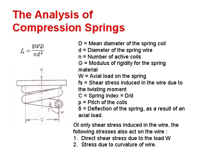 The Analysis of Compression Springs D = Mean diameter of the spring coil d