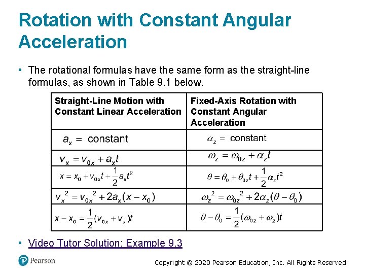 Rotation with Constant Angular Acceleration • The rotational formulas have the same form as