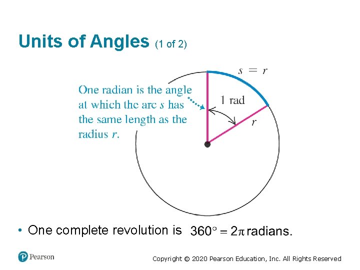 Units of Angles (1 of 2) • One complete revolution is Copyright © 2020