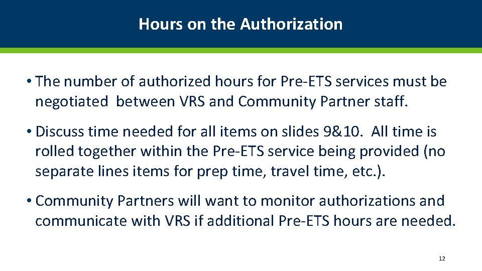 Hours on the Authorization • The number of authorized hours for Pre-ETS services must