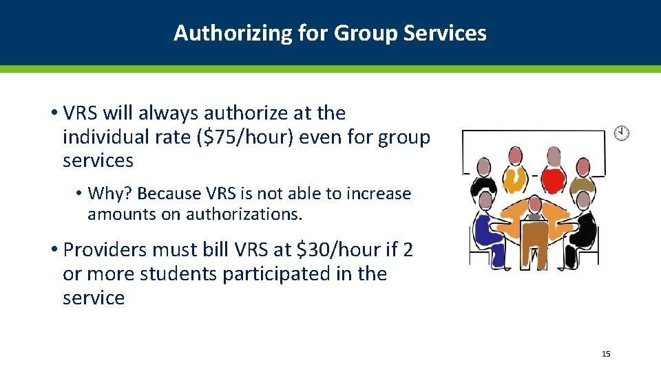 Authorizing for Group Services • VRS will always authorize at the individual rate ($75/hour)