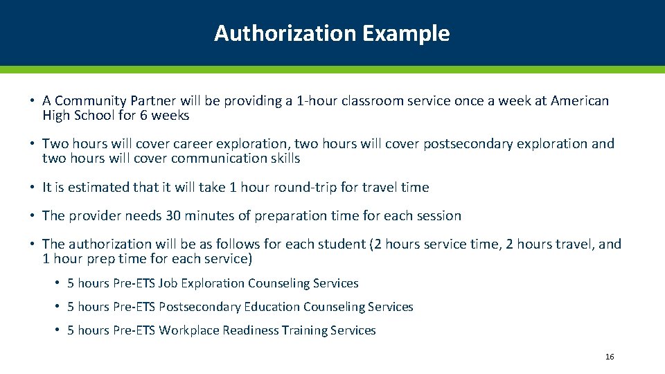 Authorization Example • A Community Partner will be providing a 1 -hour classroom service