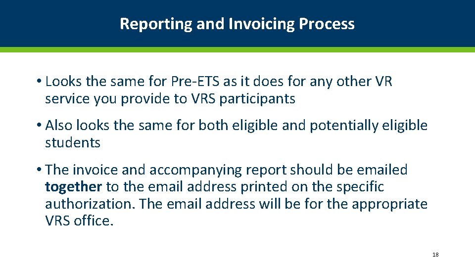 Reporting and Invoicing Process • Looks the same for Pre-ETS as it does for