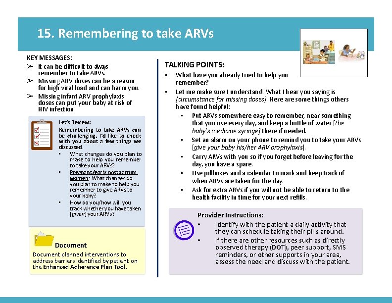 15. Remembering to take ARVs KEY MESSAGES: ➢ It can be difficult to always
