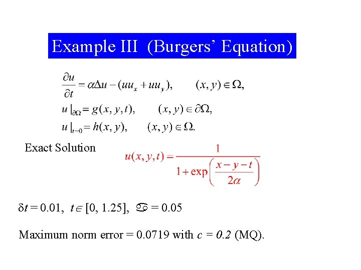 Example III (Burgers’ Equation) Exact Solution t = 0. 01, t [0, 1. 25],