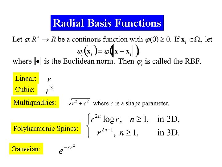 Radial Basis Functions Linear: Cubic: Multiquadrics: Polyharmonic Spines: Gaussian: 2021/9/17 6 
