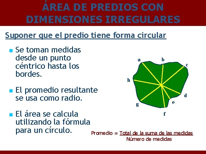 ÁREA DE PREDIOS CON DIMENSIONES IRREGULARES Suponer que el predio tiene forma circular n