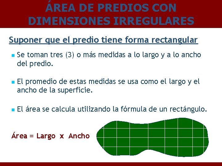 ÁREA DE PREDIOS CON DIMENSIONES IRREGULARES Suponer que el predio tiene forma rectangular n